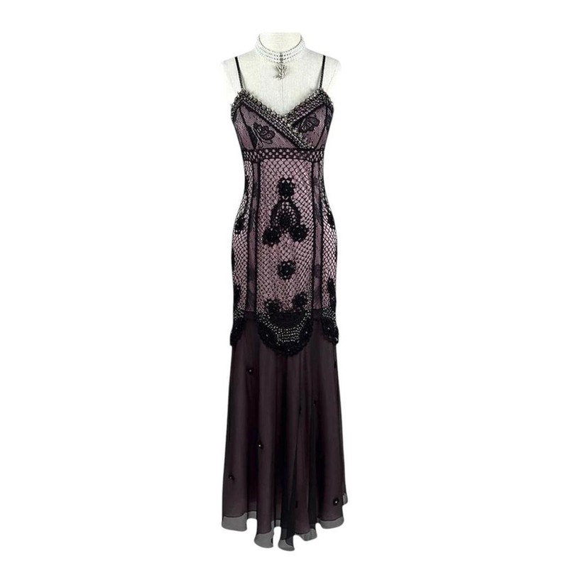 Vintage Sue Wong Beaded Prom Dress Maxi Gown Pink Black Overlay Evening Dress M