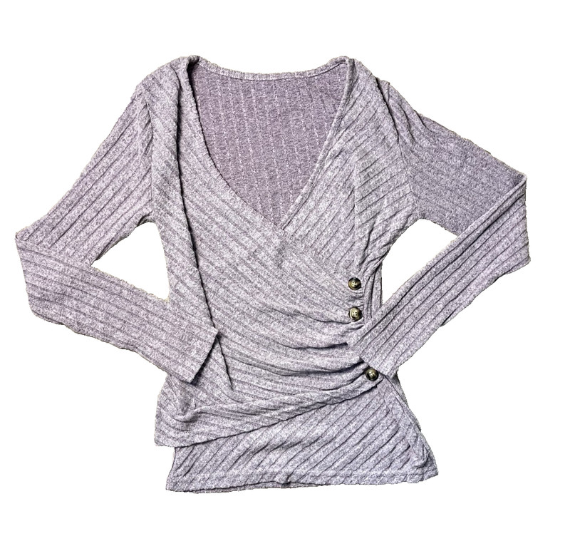 Women’s Size Small Tight Knit Purple V Neck Long Sleeve Wrap Top Button Detail