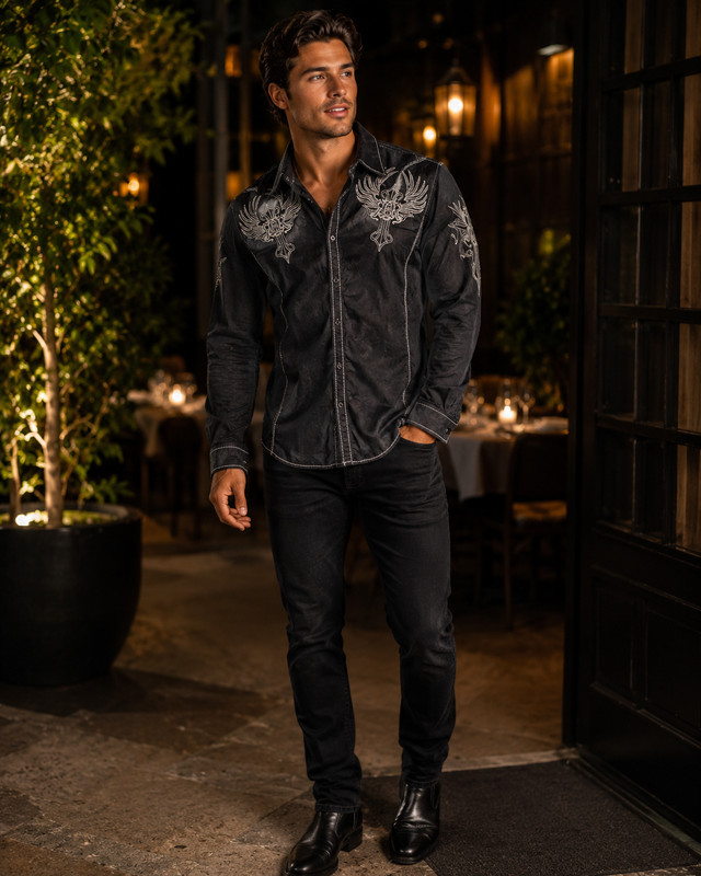 Roar Buckle Mens XXL Black Embroidered Cross Button Up Shirt Y2K Western Grunge gallery