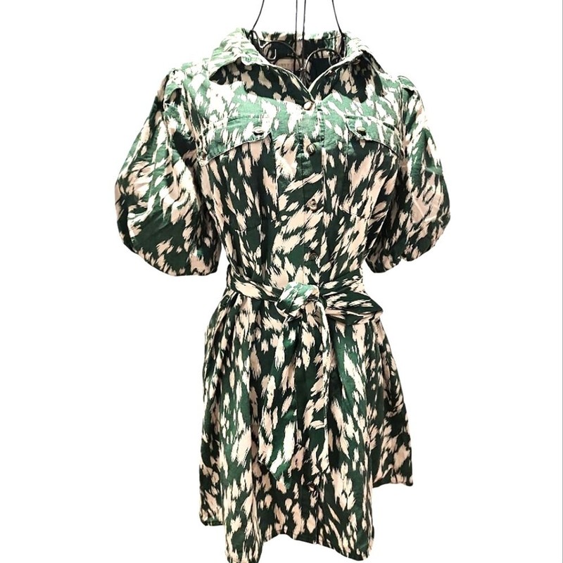 Sunny Girl Shirt Dress Sz US 4 Green Abstract Ikat Print Puff Sleeve Boho Chic