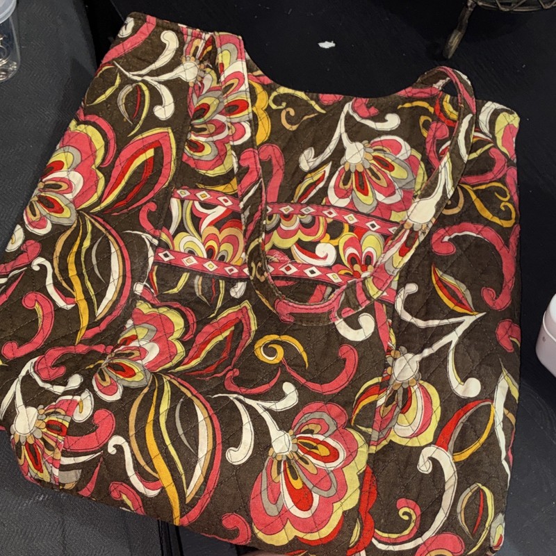Vera Bradley Floral Brown Pink Red Yellow Shoulder Bag Zip Lined Inner Pockets
