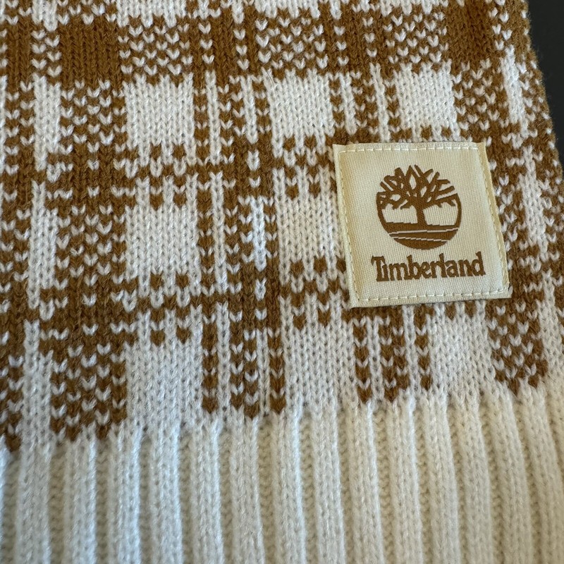 Timberland Scarf Unisex OS Wheat Brown Plaid Knit Logo NEW gallery