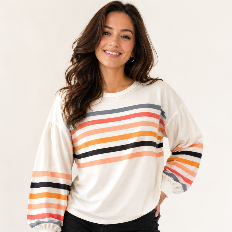 BiBi Striped Knit Women’s Balloon Sleeve Top Cotton Blend (See Measurements)