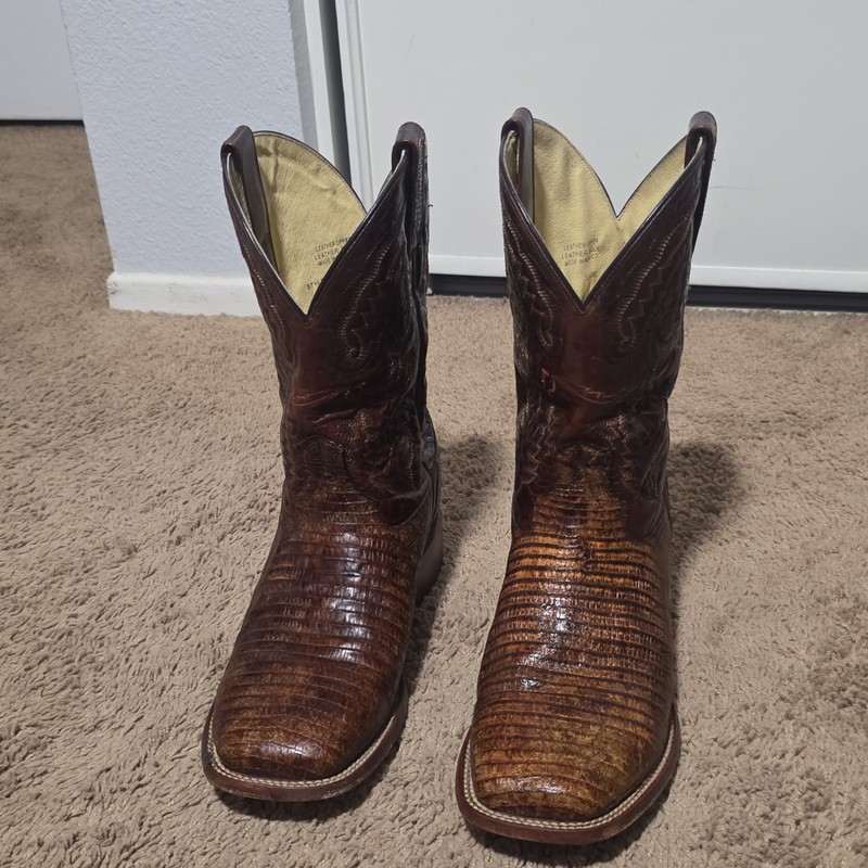 LaGrange Men’s Brown Tegu Lizard Western Pull-On Square Toe Boots 9 EW