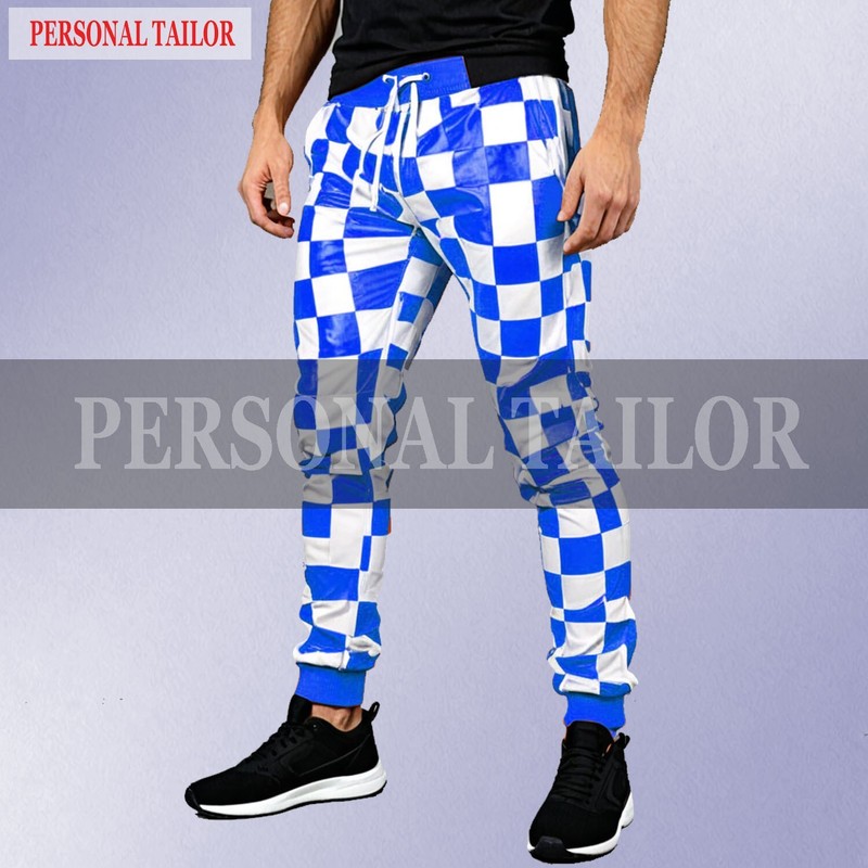 Men’s Lambskin White Blue Checkmate Leather Track Trousers Sweat Pants Joggers
