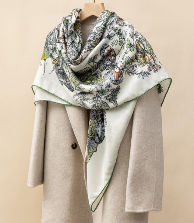 70% Cashmere 30% Silk Scarf 53” Wrap Shawl Bandana butterfly Print Neckerchief
