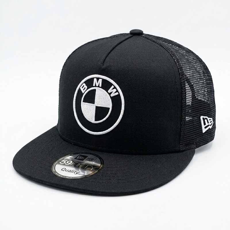 BMW Logo Embroidered Trucker Hat Black Mesh Snapback Flat Bill Cap Adjustable