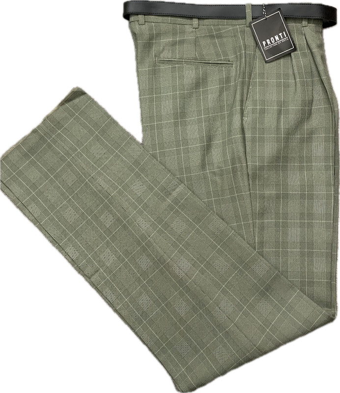 NWT Pronti Mens Pleated Dress Pants Green Plaid Slacks Unfinished Hem With Belt gallery