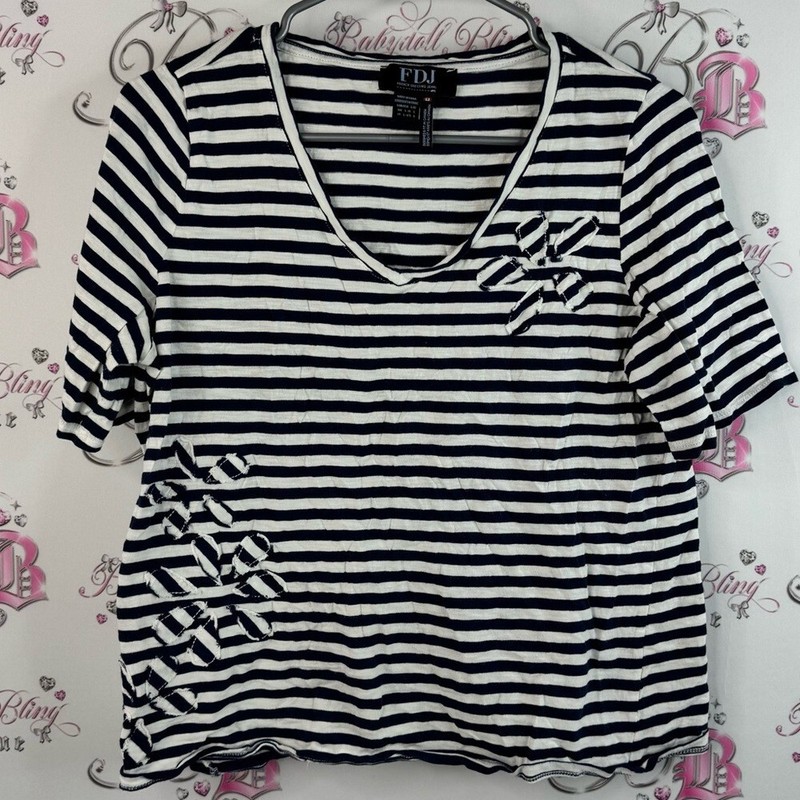 FDJ tshirt navy blue and White Striped Women’s Tee embroidered patch flowers