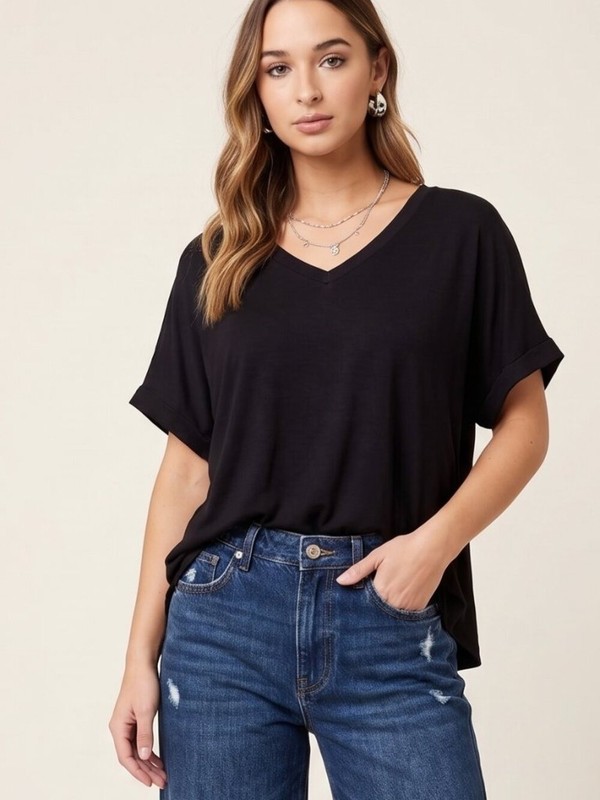 Z Supply Alda Dolman Tee Black Size Small V-Neck Boxy Rayon Blend Cuffed Sleeve
