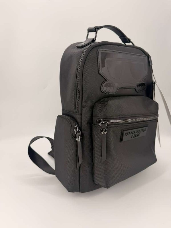 KARL LAGERFELD PARIS Black Small Backpack Zip Closure, Logo, Outer Pockets