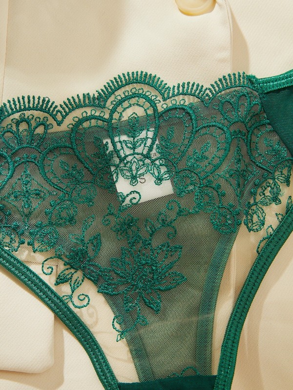 Women Sexy Bra Panty Set Lace Green Mesh Lingerie Floral Intimate See Through gallery