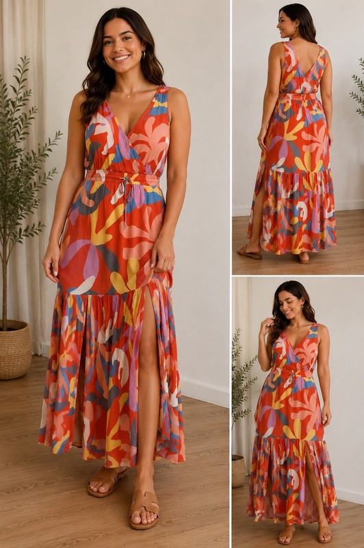 Rachel Zoe NWT Women’s XL Colorful Abstract Print Maxi Dress Front Slits Resort
