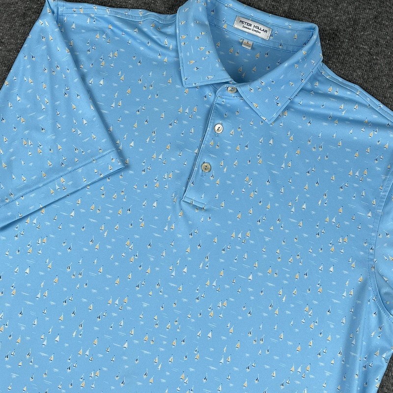 Peter Millar Polo Shirt Mens Large Blue Sailboat Print Summer Comfort Golf Top