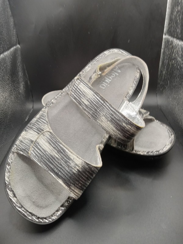 Sz 41 / 10 Alegria Verona Silver Black White Metallic Leather Comfort Sandals gallery