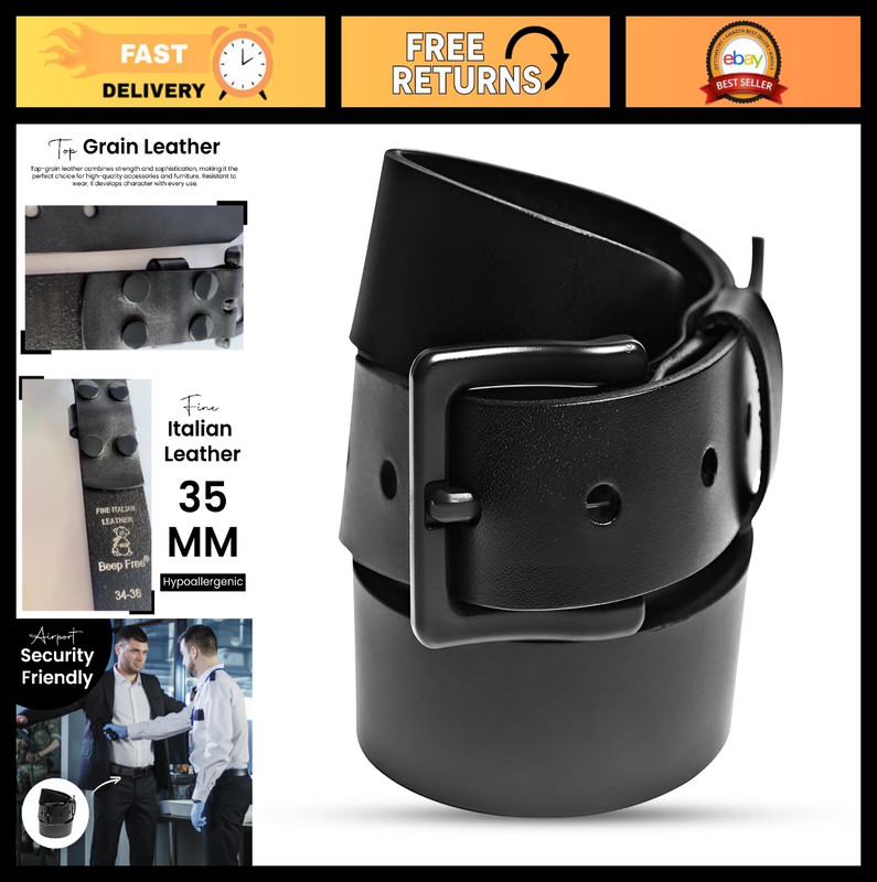 Italian Leather Belt 1 3/8” | TSA Approved Metal-Free | Black & Brown Unisex 35m