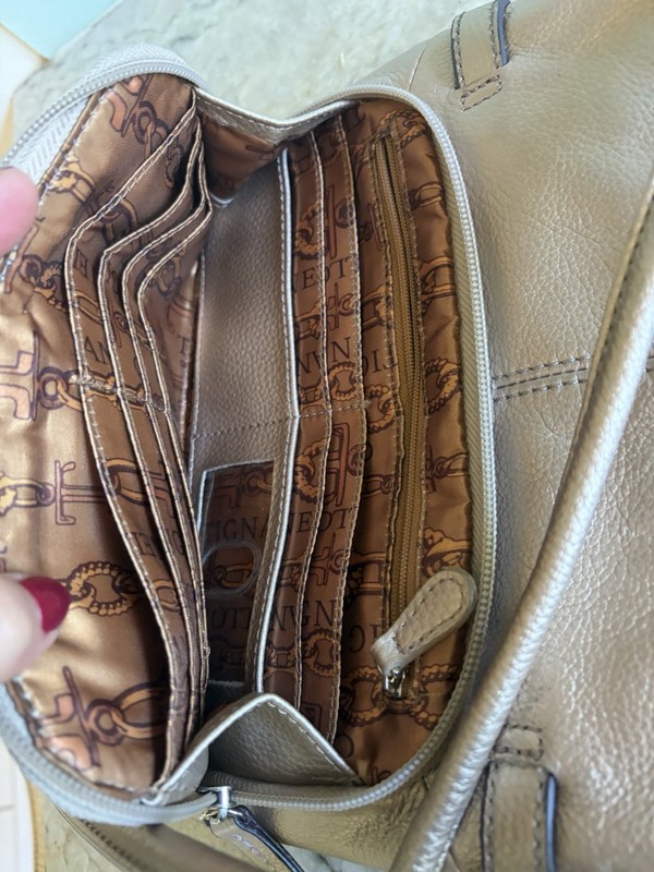 Tignanello Beige Pebbled Logo Shoulder Bag Zip Closure Lined Pockets Silver gallery