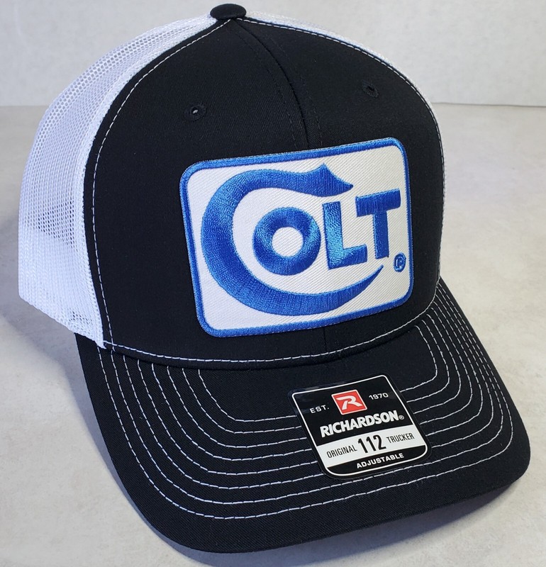 COLT Embroidered Patch on Richardson 112 Trucker Hat Snapback Black/White
