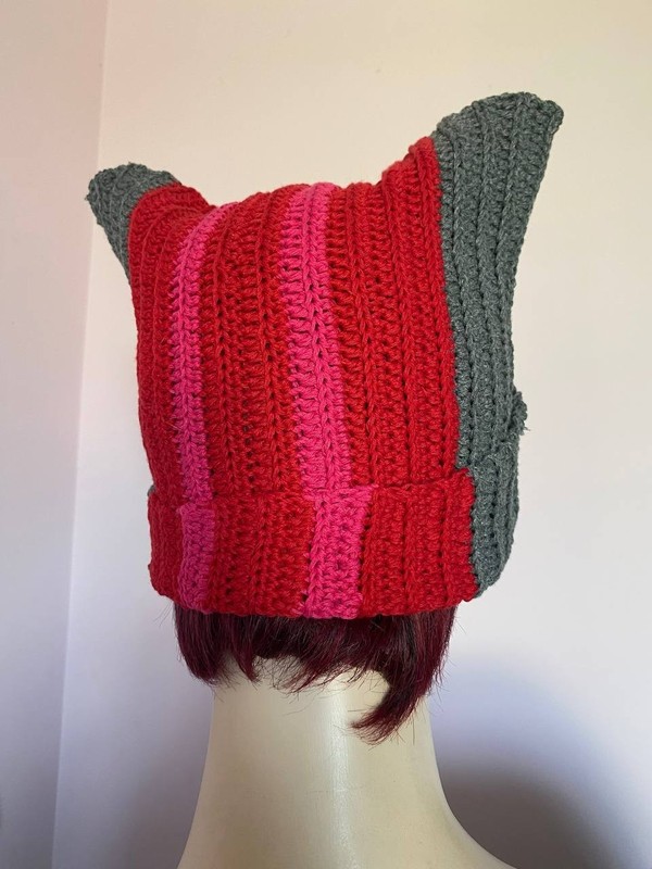 Handmade Cat Ears Knit Beanie Red Gray Striped Hat Unisex gallery