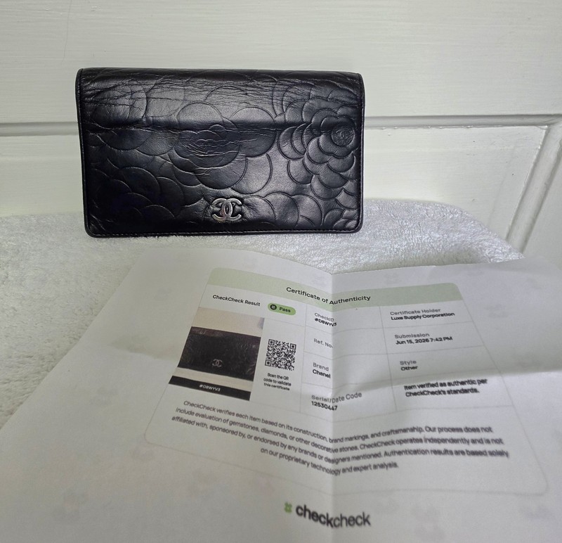CHANEL Women’s Black Floral Embossed Long Wallet, Camellia w/COA