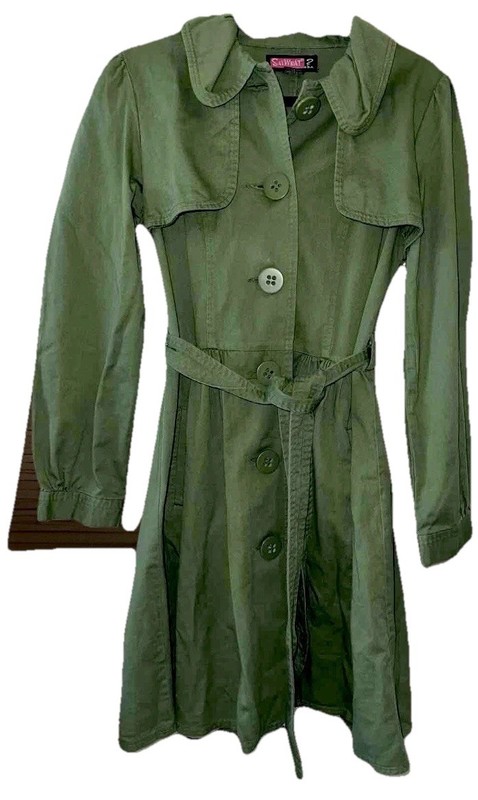 “Say What ? USA” Brand Fitted Cotton Trench Coat Green Sash Belt (M) VTG