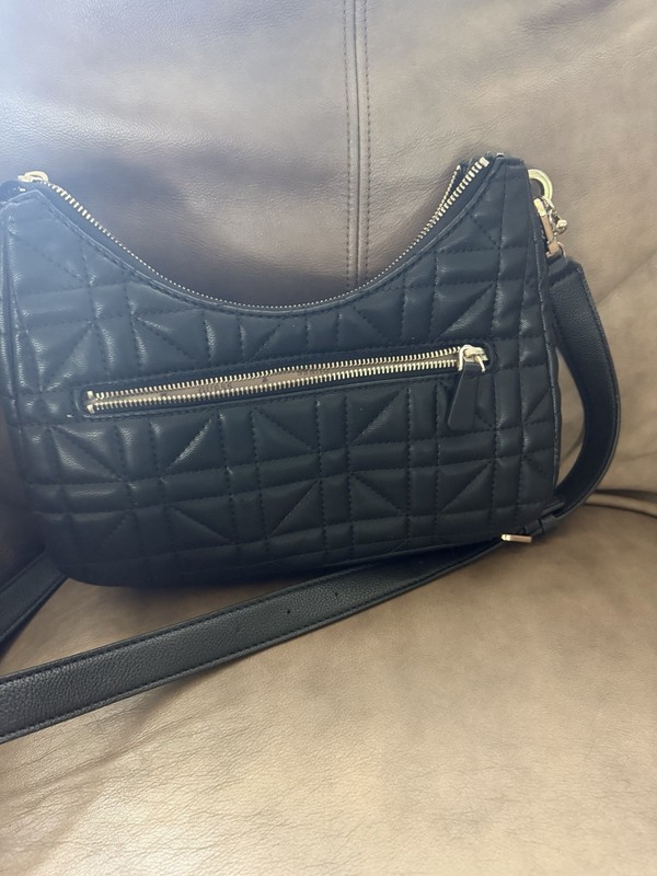GUESS Black Crescent Crossbody Bag Quilted Chain Strap Gold Hardware Zip Small gallery