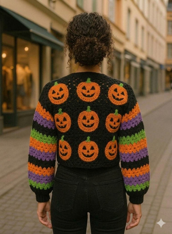Handmade Crochet Halloween Pumpkin Cardigan Women Square Sweater gallery