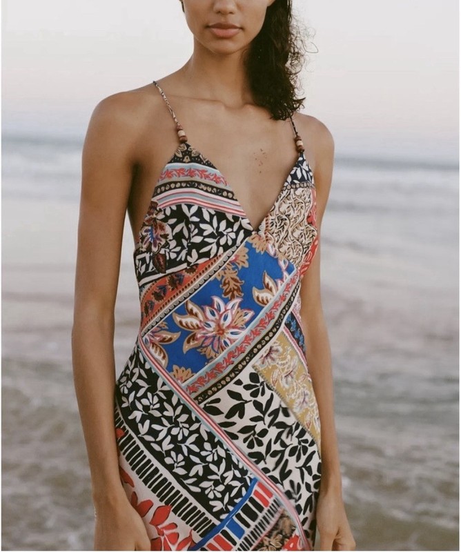 Zara Multicolor Floral Beaded Strappy V-Neck Midi Slip Dress Sz XS, Boho. Tribal gallery