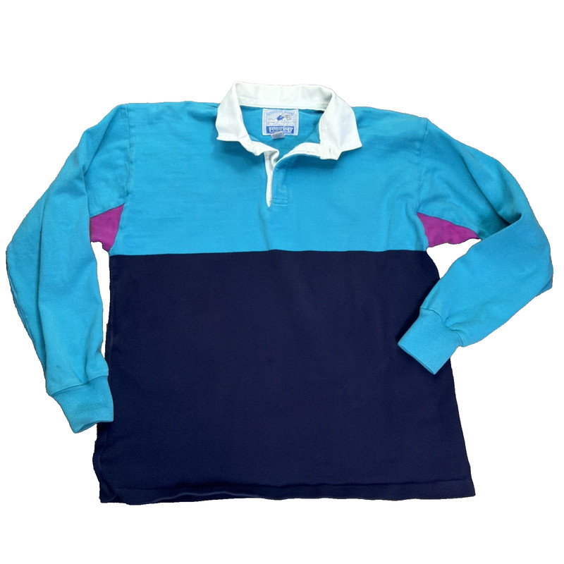 VTG Lands’ End Rugby Shirt Mens XL Blue Cotton Colorblock Polo USA Made