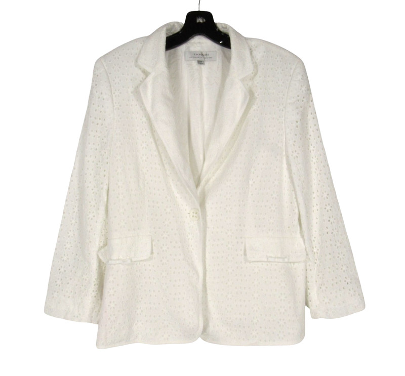 TAHARI Lined EYELET EMBROIDERED Button FAUX FLAP POCKETS White BLAZER/JACKET 16