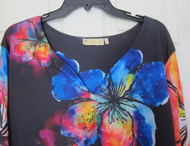 Womens Top Tunic XL Impluse California lg sleeve Multi Color w/ Crystals gallery
