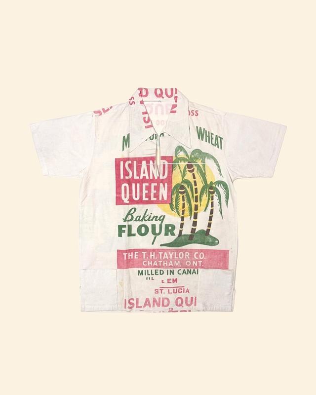 Vintage 1950s Island Queen Flour Sack Shirt Feed Sack Tropical Print XL Rare