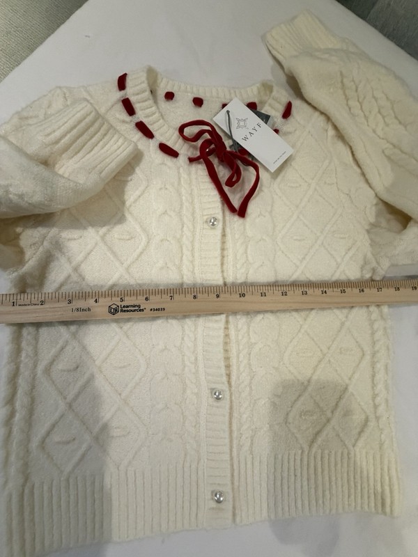 WAYF Ivory Cable-Knit Button-Front Cardigan Sweater Red Ribbon Bow Size S gallery