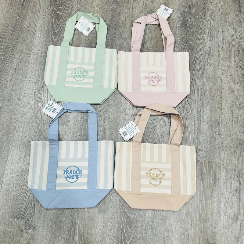 Trader Joe’s Mini Tote Bag Canvas Summer Edition Pink Blue Green Beige Set Of 4