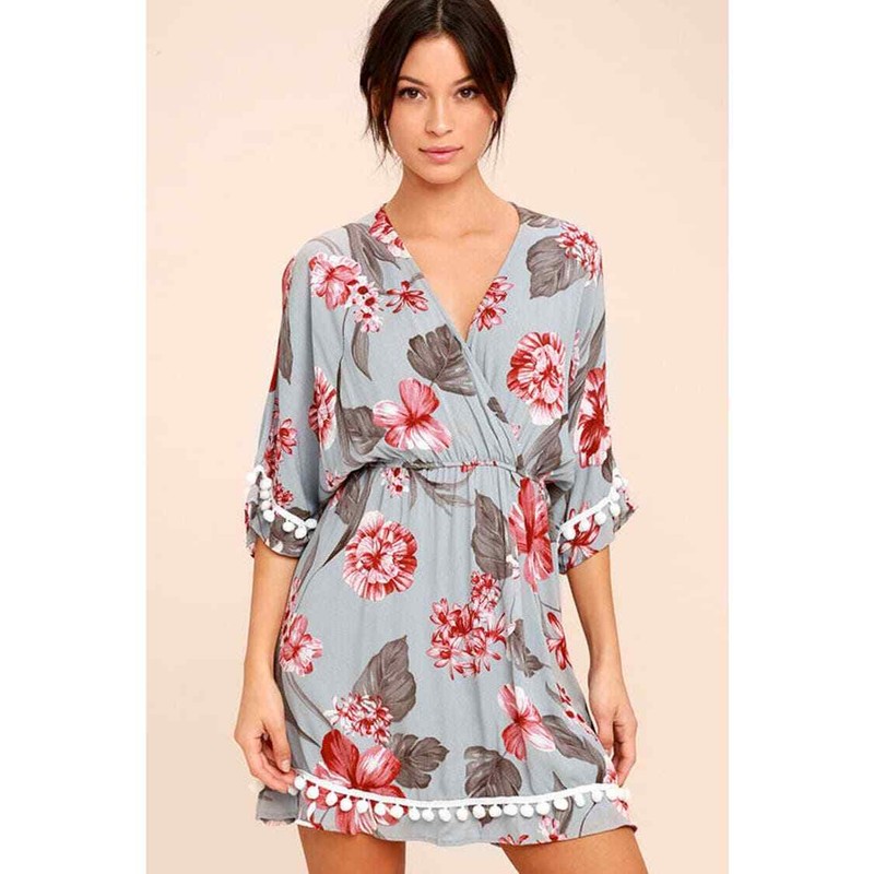 Lulus Pom Reader Blue Grey Floral Print Dress