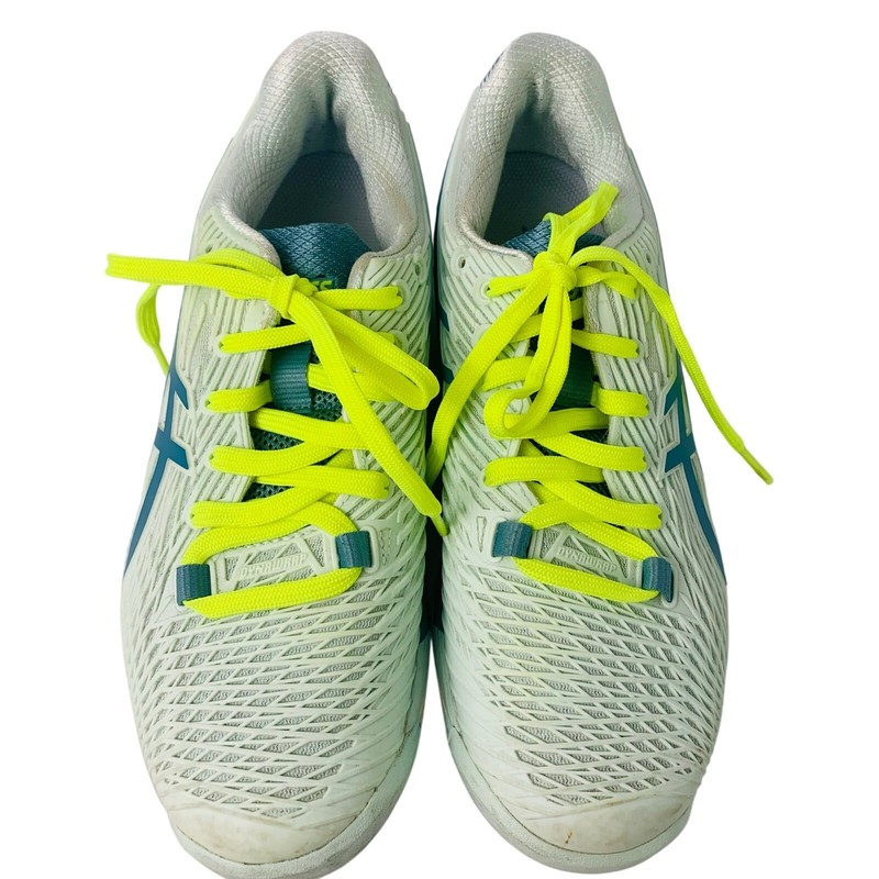 ASICS Solution Speed FF Women’s White Blue Tennis Court Shoes Neon Laces US 7.5