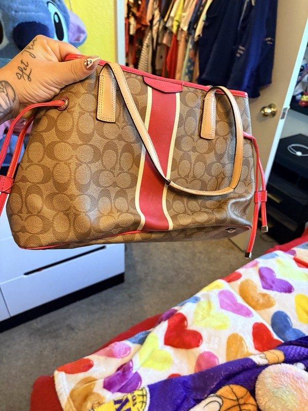 Coach Signature Logo Brown/pink Stripe Tote, Zip Pouch, Lined w/ Inner Pockets gallery