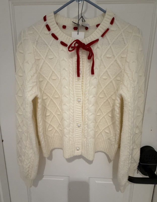 WAYF Ivory Cable-Knit Button-Front Cardigan Sweater Red Ribbon Bow Size S