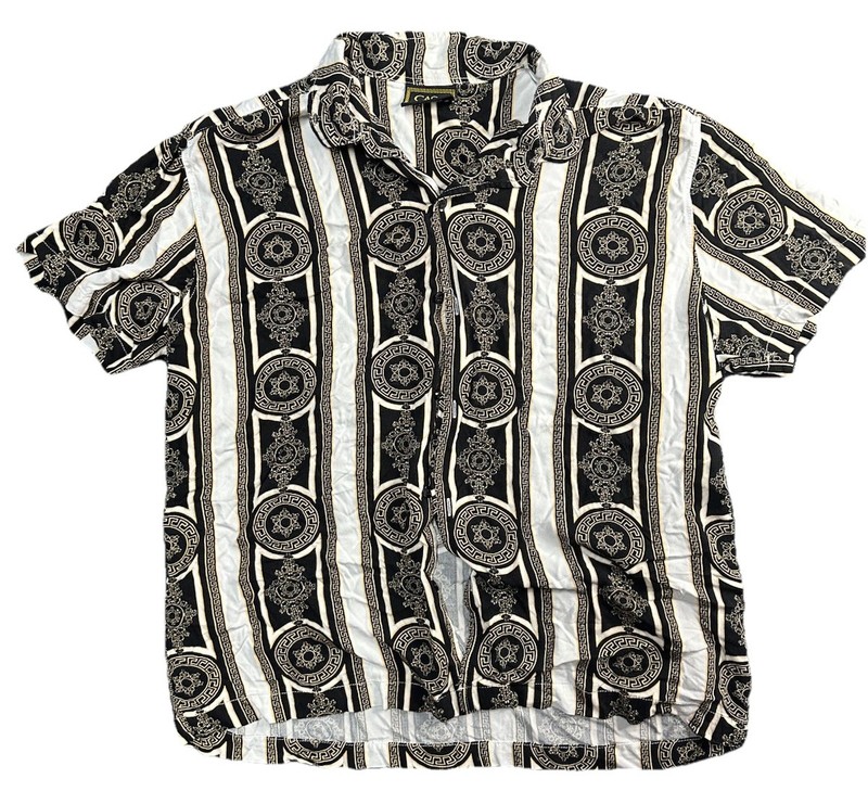 Y2K CASA Moda Couture Button Up Shirt XL Black Gold Greek Key Designer Style