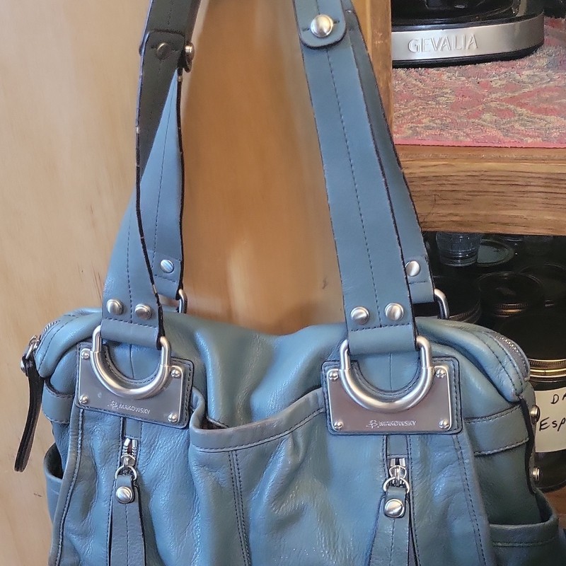 B. Makowsky Women’s Blue Pebbled Satchel Zip, Detachable Strap, Pockets