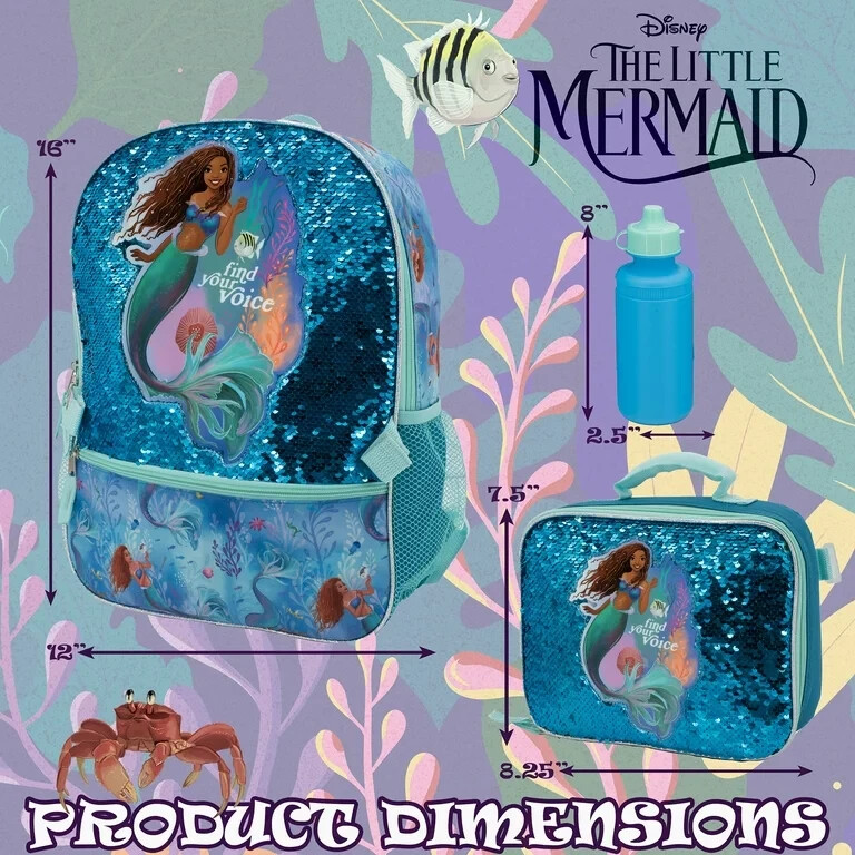 16" Disney Little Mermaid 4 Piece Backpack School Bag W Lunch Box & Water Bottle gallery