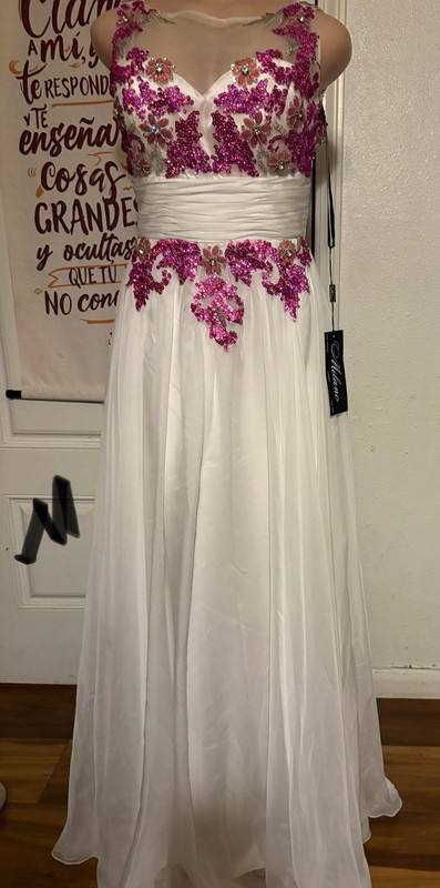 Milano White Satin Long Gown Pink Floral Sequin Beaded Open Back 1 Zip