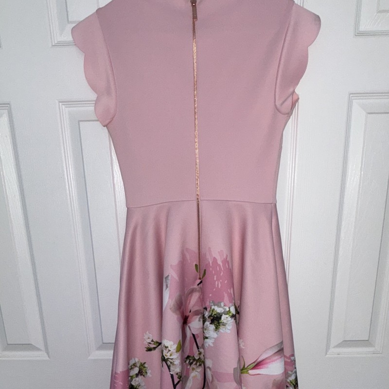 Ted Baker Pink Floral Fit & Flare V-Neck Dress Size 1 Lined Satin Zip gallery