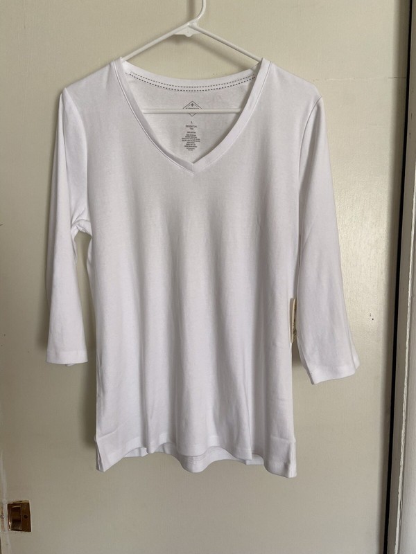 St. John’s Bay V Neck~3/4 Sleeve~Cotton Top~White~Size Large~NWT
