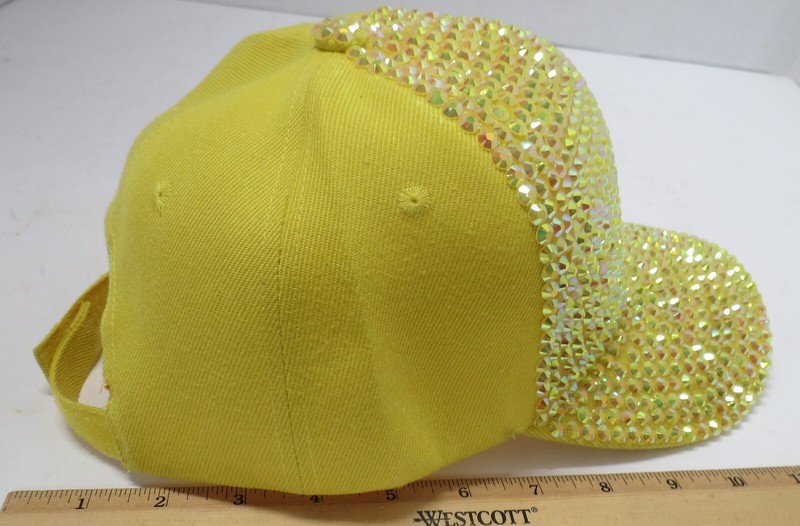 Baseball-style hats with rhinestones on brim with brown, yellow, purple gallery
