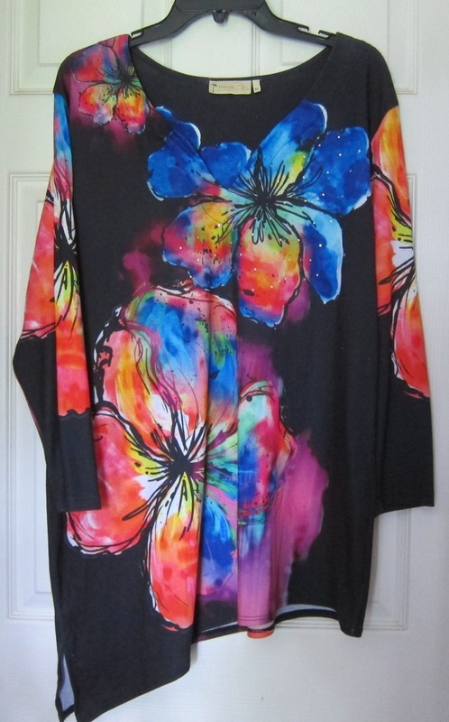 Womens Top Tunic XL Impluse California lg sleeve Multi Color w/ Crystals