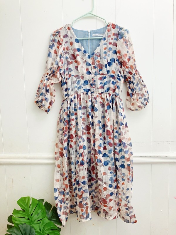 Romantic Floral Chiffon Midi Dress Puff Sleeve Empire Waist Lined Size M