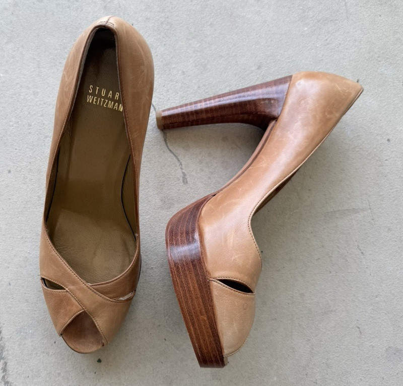 Stuart Weitzman Brown Leather Peep Toe Block Heel Pumps Slip On 8 M