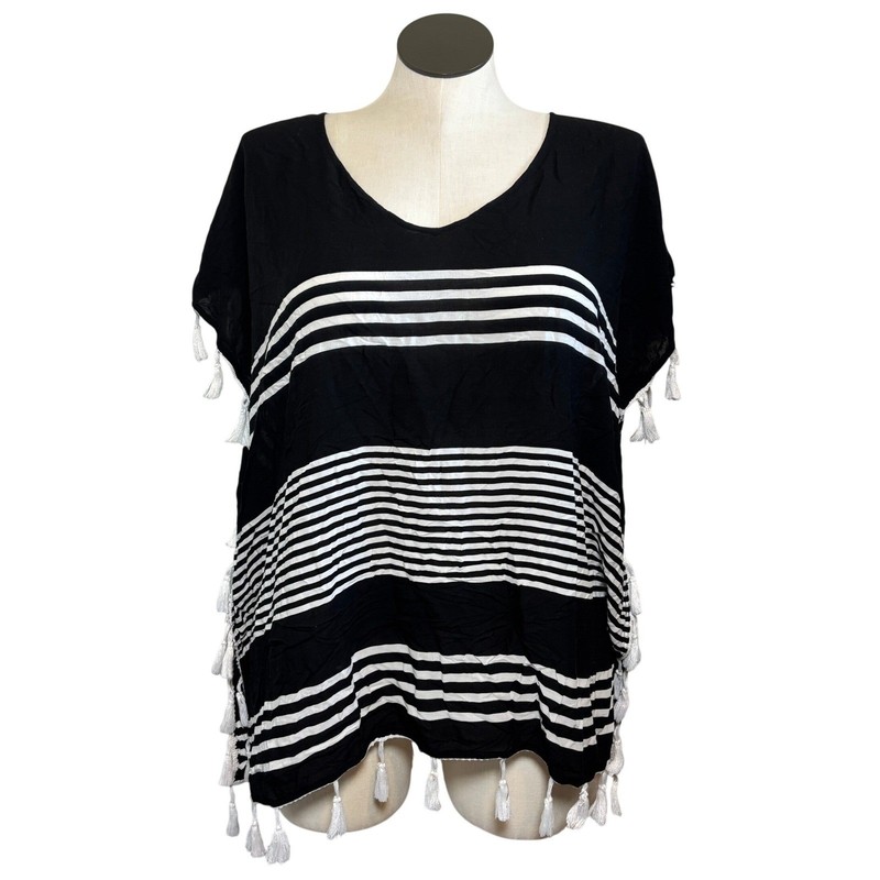 C&T Beach Black White Striped Tassel Trim Kaftan Swim Coverup Large Rayon Boho