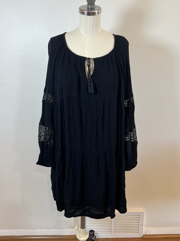 Old Navy Dress Petite L Black Boho Empire Waist Keyhole Neck Pullover Lined